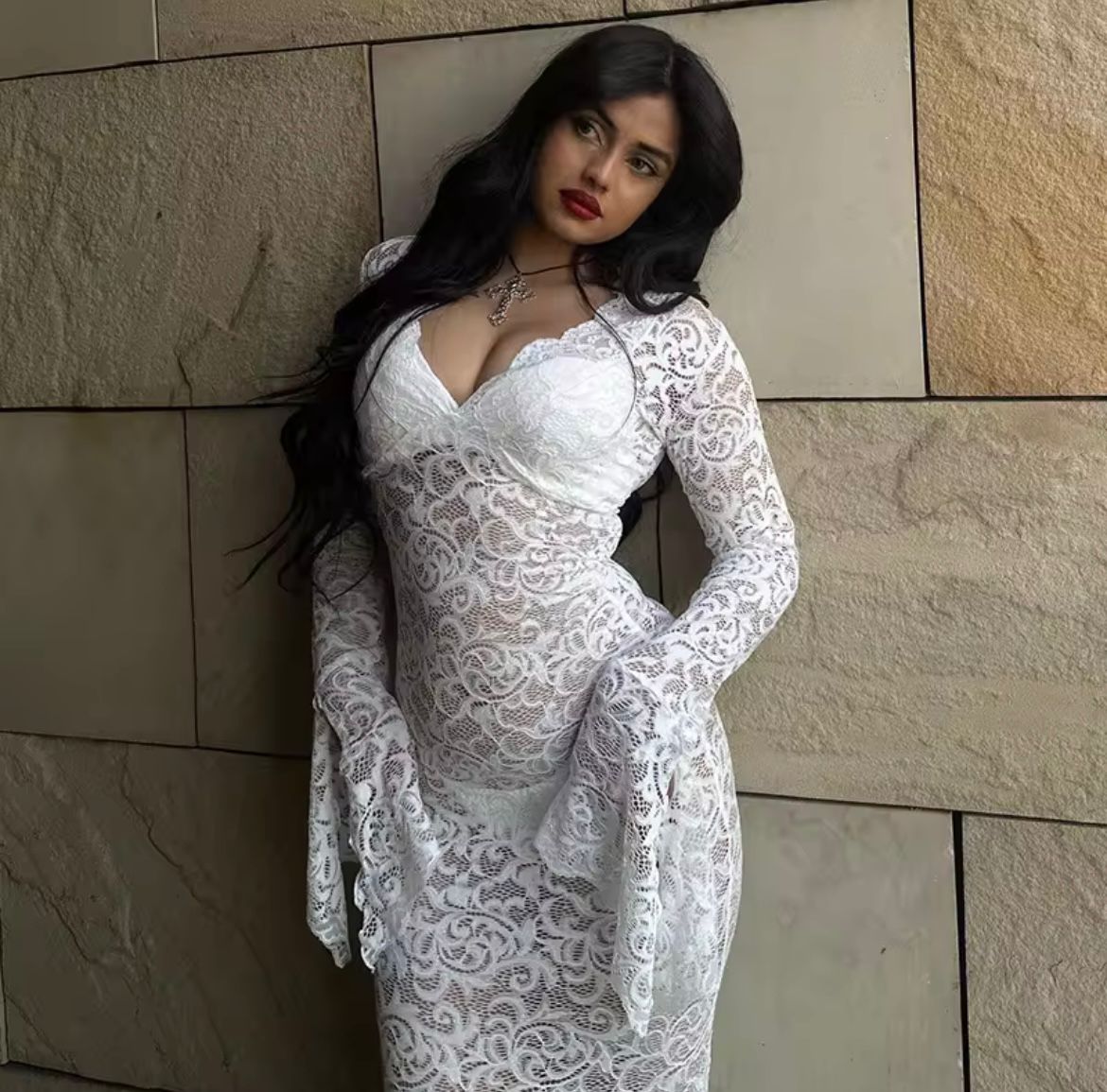 Elegant Lace See Through V Neck Sexy Dress For Women